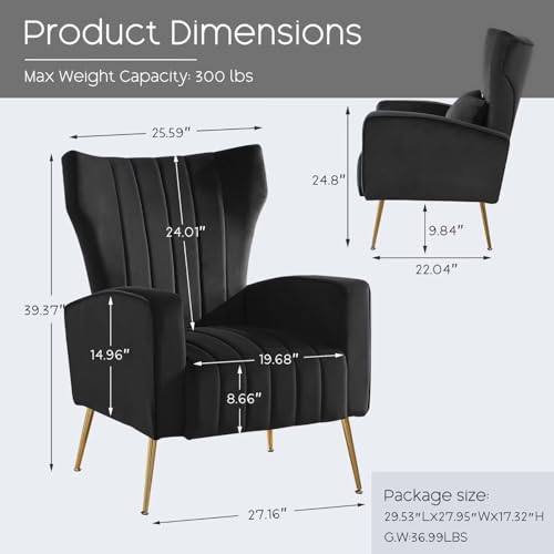 Accent Chairs Set of 2,Upholstered Living Room Chair with Lumbar Pillow, HighBack ArmChair with Metal Legs, Single Sofa Wingback Reading Chair For Bedroom, Apartment, Small Spaces Velvet Black - color: B-black, size: Set of 2