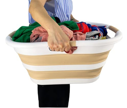 SAMMART 40L (10.5 gallon) Collapsible Plastic Laundry Hamper - Foldable Pop Up Storage Container/Organizer - Portable Washing Tub - Space Saving Basket (1, White/Beige) - color: White/Beige
