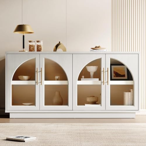 Fatmok 30.7" Tall Modern TV Stand with Arched Glass Doors,White Oak | Set of 2,Detachable Gold Handles,Adjustable Shelves,FSC Wood,Media Console Cabinet,Entertainment Center for Living Room - color: Bb-white Wood Grain