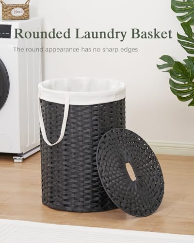 SETVSON Laundry Basket with Lid Round 29.1 Gal PE Rattan, Black | Family Clothes & Blanket Trunk with Lid, Removable Liner Bag with Handles, 2 Mesh Wash Bags, Collapsible Steel Frame - color: Black, size: 110 L