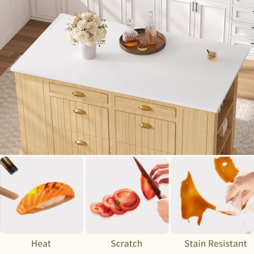 63" Kitchen Island with Storage, Farmhouse Stationary Island Table with 6 Drawers & Open Shelves, Heat-Resistant Countertop Storage Cabinet for Kitchen, Natural