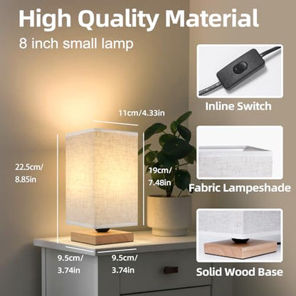 Small Square Bedside Table Lamp for Bedroom, Minimalist Wood Base & Round Fabric Shade, Mini Cute Cozy Warm Nightstand Boho Lamp, Study Desk Night Stand Light for Room, Dorm, Nursery, Living Room - size: Square - Set of 1