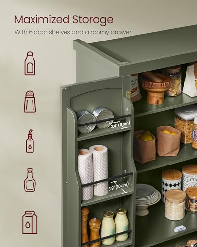 VASAGLE Pantry Cabinet, Freestanding Tall Cupboard with a Drawer | Freestanding cupboard with 2 cabinets, 6 adjustable shelves, Forest Green, UBBK561C01 - color: Forest Green, style: Modern