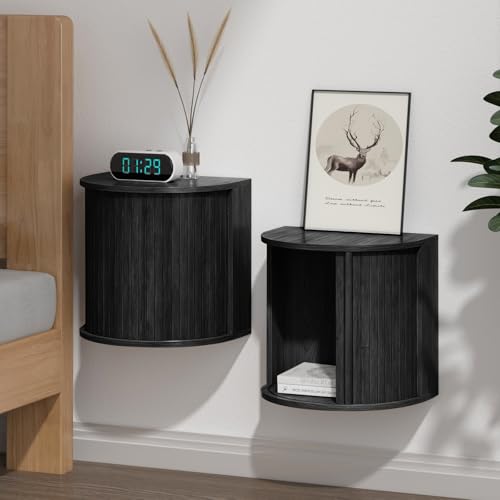 Floating Nightstand Set of 2 with Sliding Roller Shutter Doors,Black-06 | Set of 2 Floating Nightstands,Smooth Sliding Roller Shutters Hide Clutter.Curved Rounded Edges,Space-saving. - color: Floating Nightstand-black