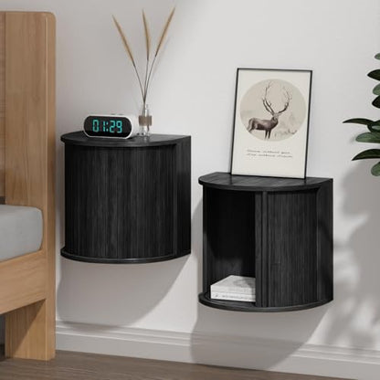 Floating Nightstand Set of 2 with Sliding Roller Shutter Doors,Black-06 | Set of 2 Floating Nightstands,Smooth Sliding Roller Shutters Hide Clutter.Curved Rounded Edges,Space-saving. - color: Floating Nightstand-black