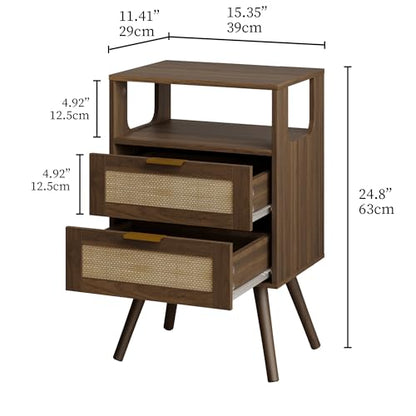 Rattan Nightstand,Farmhouse Bedside Table with 2 Storage Drawer and Open Wood Shelf, for Bedroom and Small Spaces,Night Stand with Solid Wood Legs (Walnut Brown) - color: Walnut Brown