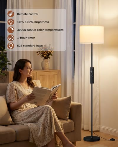 Dimmable Floor Lamp with Remote, 9W 900LM LED Bulb Included | White Shade Black Pole, Lamps for Living Room Bedroom - color: black & white