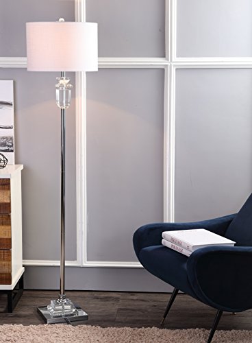 JONATHAN Y Aria 63" Faceted Crystal Metal LED Floor Lamp, Clear/Chrome | Contemporary Glam Style, White Linen Drum Shade, Rotary Switch, 72" Silk Cord, Bulb Included, For Living Room