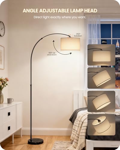 75" Arc Floor Lamp with Marble Base and Adjustable Height, Rotating Hanging Shade, Dimmable Floor Lamp for Living Room with Remote and Foot Switch, 3CCT, Over Couch Arched Light, White Shade W15LD05 - color: Black + White