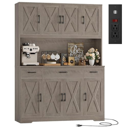 HOSTACK 71" Tall Kitchen Pantry Storage Cabinet, 55" W Kitchen Hutch, Grey | Large Pantry Cabinet with Charging Station / Countertop / 3 Drawers, Farmhouse Hutch Cabinet with Storage for Dining Room - color: Ash Grey