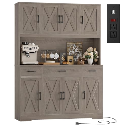 HOSTACK 71" Tall Kitchen Pantry Storage Cabinet, 55" W Kitchen Hutch, Grey | Large Pantry Cabinet with Charging Station / Countertop / 3 Drawers, Farmhouse Hutch Cabinet with Storage for Dining Room - color: Ash Grey