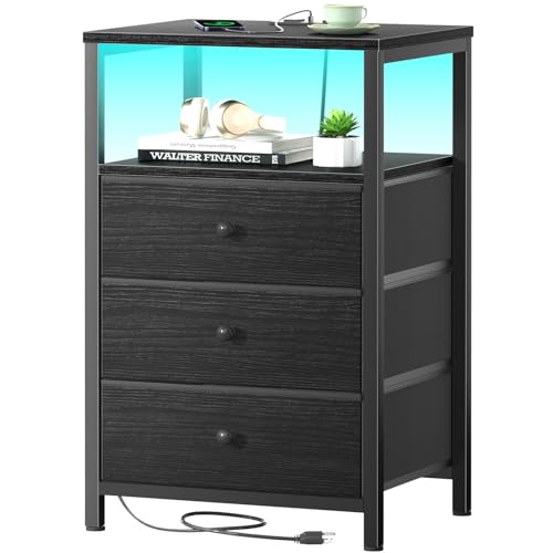 BOLUO Black Night Stand with 3 Fabric Drawers, Nightstand with Charging Station LED Nightstand for Bedroom, Bedside Table with USB Ports and Outlets Modern - color: B.black, size: 11.8"D x 15.7"W x 28"H(3 drawers)