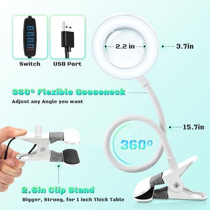 10X Magnifying Glass with Light, Clip on Mganifier with Light, 48 LED Desk Magnifying Glass wtih Clamp, 3 Modes Dimmable Magnifying LED Lamps for Bed Work Crafts DIY Repair White - color: White