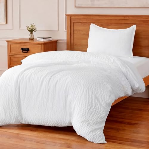 Amazon Basics Duvet Cover Set with Jacquard Geometric Pattern, 2-Piece with 1 Duvet Cover and 1 Pillow Sham, Comforter Not Included, Twin, White - color: White, size: Twin