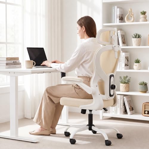 Ergonomic Office Chair with Adjustable Headrest & Lumbar Support, High Back Mesh Desk Chair, 330 LBS Capacity Swivel Computer Chair with Flip-Up Arms, Home Office Gaming Chair (Beige) - color: Beige