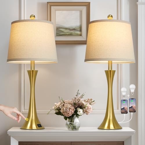 Rinweey 27.5" Gold Lamps Set of 2, Touch Control 3-Way Dimmable Bedside Nightstand Lamps Bedroom Lamp,Modern Gold Table Lamp with USB A+C Ports,Tall Lamps for Living Room End Table Home Office - color: Gold