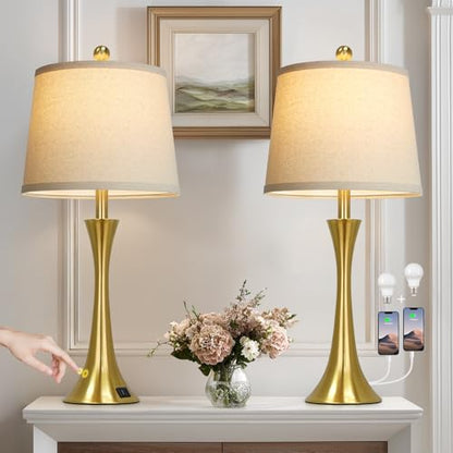 Rinweey 27.5" Gold Lamps Set of 2, Touch Control 3-Way Dimmable Bedside Nightstand Lamps Bedroom Lamp,Modern Gold Table Lamp with USB A+C Ports,Tall Lamps for Living Room End Table Home Office - color: Gold