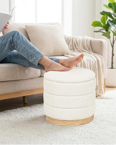 PINPLUS Chenille Folding Ottoman Footstool, Round Storage Ottoman, Soft Fabric, 260 lbs Load Capacity, Small Ottoman for Living Room, Bedroom, Dorm, White Colors - color: White, size: 15.3"D x 15.3"W x 14.5"H