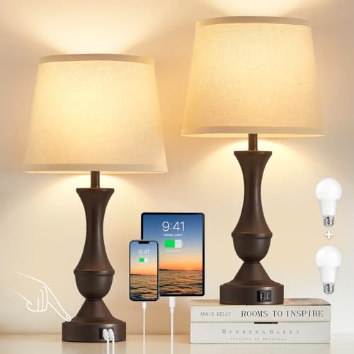 Luvkczc 22" Table Lamp Set of 2 - Vintage Brown Bedside Lamp | Beige Fabric Shade, Dimmable, USB C+A Ports, Nightstand Lamp for Living Room Bedroom (Bulb Included) - color: Brown,Beige, size: 22in