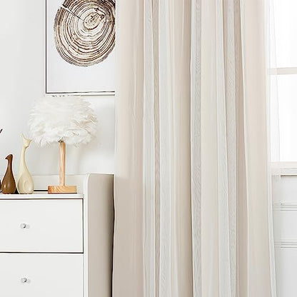 INLINAS Blackout Curtains with Sheer Overlay, Beige, 52x63 Inches | Grommet Top Double Layer Curtains for Bedroom and Living Room Thermal Reduction Light Blocking and Energy Saving, Set of 2 - color: Beige, size: 52"W x 63"L (Pack of 2)