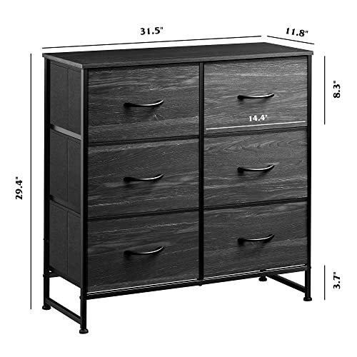 WLIVE Dresser for Bedroom with 6 Drawers, Charcoal Black Wood Grain Print | Closet Dresser, Metal Frame, Wooden Top, Fabric Dresser for Closet, Living Room, Hallway - color: Charcoal Black Wood Grain Print