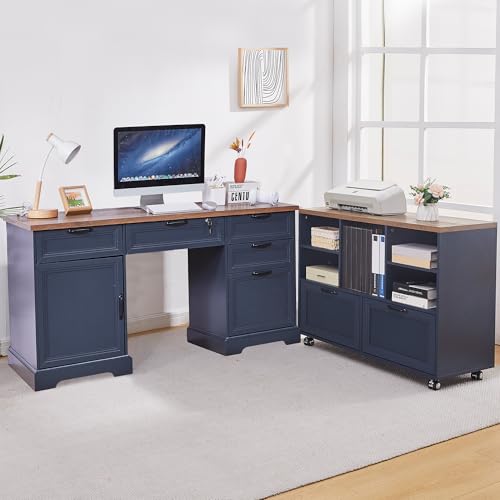 60" Farmhouse Executive Desk with 40" Mobile File Cabinet,L Shaped Desk Set with Charging Station,Office Desk with Storage Drawers,Wood Computer Desk Set for Office Work,Home Study - color: Blue