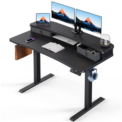 HUANUO 48″ x 24″ Electric Standing Desk with 2 Drawers, C-Clamp Mount Compatible, Height Adjustable Computer Desk, Home Office Stand Up Desk with 4 Preset Heights & 2 Hooks, Black - color: Black, size: 48" X 24"