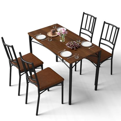 5-Piece Dining Table Set with 4 Chairs & Adjustable Feet, Upholstered Seats Kitchen Table and Chairs Set of 4, Space-Saving Design for Small Apartments and Dining Rooms, Walnut - color: Walnut, size: 5-piece