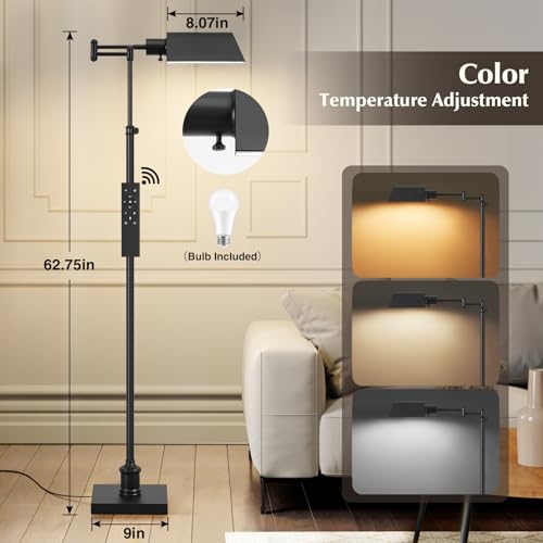 Traditional Height Adjustable Pharmacy Floor Lamp with 350° Swing Arm, Color Temperature Adjustable Standing Lamp Metal Shade for Living Room Reading House Bedroom Home Office(Black) - color: Black