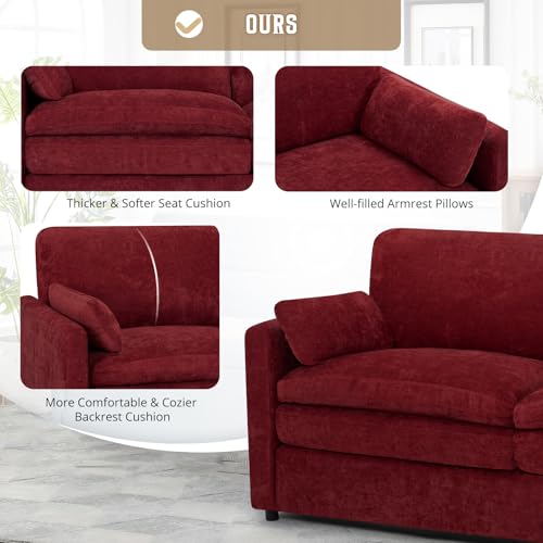 89" Chenille 3 Seats Sofa with 2 Pillows, Red | Modern Upholstered Sofa with Deeper Seats, Comfy Sofa with Thickened Cushions for Living Room, Apartment - color: Red, size: Sofa