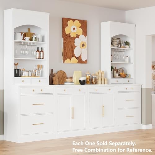 Modern 28.7x17.5x83.7 Inch Tall Kitchen Pantry Cabinet, Freestanding Hutch with Faux Marble Top, 5 Drawers & Adjustable Shelf, Glass Holders, Space-Saving Storage for Kitchen/Dining Room (1, White) - color: White