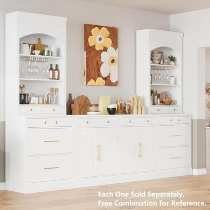 Modern 28.7x17.5x83.7 Inch Tall Kitchen Pantry Cabinet, Freestanding Hutch with Faux Marble Top, 5 Drawers & Adjustable Shelf, Glass Holders, Space-Saving Storage for Kitchen/Dining Room (1, White) - color: White