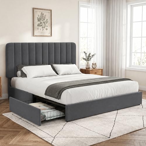 VECELO Full Size Upholstered Bed Frame with 4 Drawers and Headboard, Velvet Platform Storage Bedframe, Wooden Slats Support, No Box Spring Needed,Dark Grey - color: Dark Grey, size: Full, style: Bed Frame with Drawer