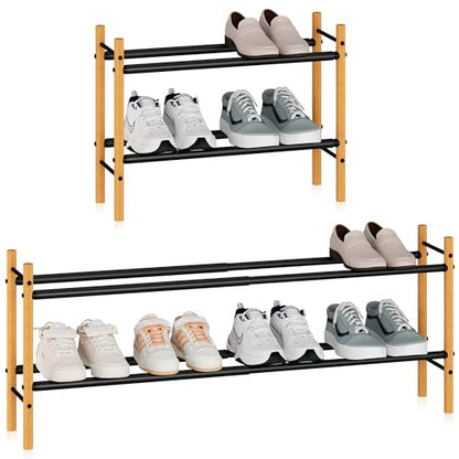 STORAGE MANIAC Expandable Shoe Rack, 8 Pairs Stackable Small Shoe Rack, Metal Adjustable Shoes Organizer for Closet, Entryway, Hallway, Garage, Front Door, Shoes Shelves, Bamboo 2 Tier - size: 2 Tier