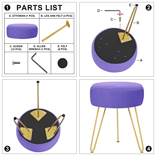 GERANT Multifunctional Vanity Stool - Velvet Footrest Stool-Upholstered Chair Stool -Ottoman Round Modern Dressing Chair - Side Coffee Table Seat with Golden Metal Leg for Living Room (Purple) - color: Purple