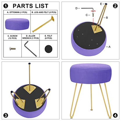 GERANT Multifunctional Vanity Stool - Velvet Footrest Stool-Upholstered Chair Stool -Ottoman Round Modern Dressing Chair - Side Coffee Table Seat with Golden Metal Leg for Living Room (Purple) - color: Purple
