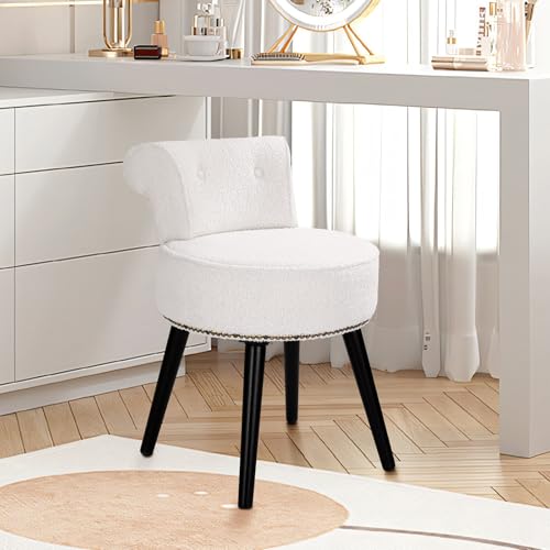 Vanity Chair with Back, Sherpa Stool with Tufted Low Backrest & Gold Nailhead Trim, Round Vanity Seat for Bedroom and Bathroom Makeup, Support 220lbs, Easy Assembly (Teddy White) - color: Sherpa White