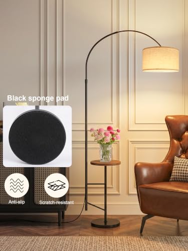Arc Floor Lamp with Side Table, Adjustable Linen Shade Fishing Standing Lamp for Living Room Bedroom