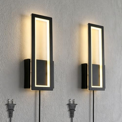 Modern Wall sconces Set of 2 Indoor LED Simple Wall Fixture Black Plug in Wall Lights for Living Room Bedroom Hallway Stairs
