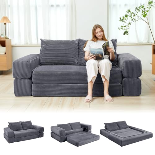 75" Convertible Sofa Bed, Fold Out Couch Bed Futon Sleeper Mattress with Pillows,3-in-1 Foldable Floor Couch Convertible Futon Sofa for Small Spaces - No Assembly Needed Dark Gray - color: Dark Gray