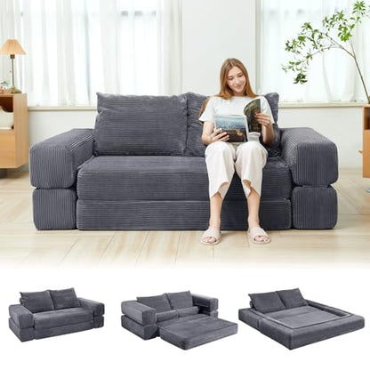 75" Convertible Sofa Bed, Fold Out Couch Bed Futon Sleeper Mattress with Pillows,3-in-1 Foldable Floor Couch Convertible Futon Sofa for Small Spaces - No Assembly Needed Dark Gray - color: Dark Gray