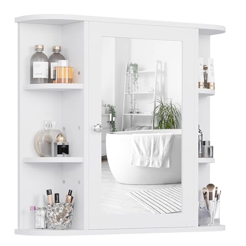 Shintenchi Bathroom Medicine Cabinet with Mirror, Wall Mounted, White | Mirrored Door Over the Toilet Storage, with 4 Internal and 6 Open Shelves, Storage Organizer Cupboard, Easy to Assemble - color: White