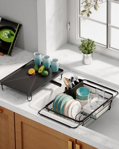 Sakugi Dish Drying Rack in Sink - Expandable Stainless Steel Dish Rack Over The Sink, Kitchen Sink Drain Strainer with Cutlery Holder & Cup Holders, 15.2 x 10.0 x 4.2 Inch, Black - color: Black, size: With Drainboard - 15.2" x 10" x 4.2"