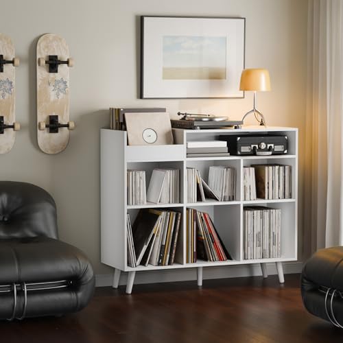Large Record Player Stand with Vinyl Storage Cabinet, Wood Turntable Table Open Shelf Holder Up to 500 Albums Cube Storage Organizer for Living Room, Office, White - color: White