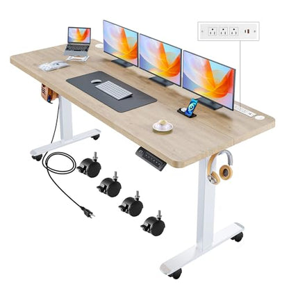 Electric Standing Desk with Wheels, 63'' x 24'' Standing Desk Adjustable Height with Charging Station, 2 USB Ports, 3 Power Outlets, 4 Caster, 27''-46'' Lifting Range Stand up Desk(Oak) - color: Gery, size: 63 x 24''
