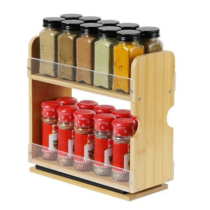 2 Tier Pull Out Spice Rack Organizer, Bamboo Sliding Spice Rack for Kitchen | Cabinet, (4.4" W x 10.6" D x 10.4" H) Spice Storage, Pantry Organization