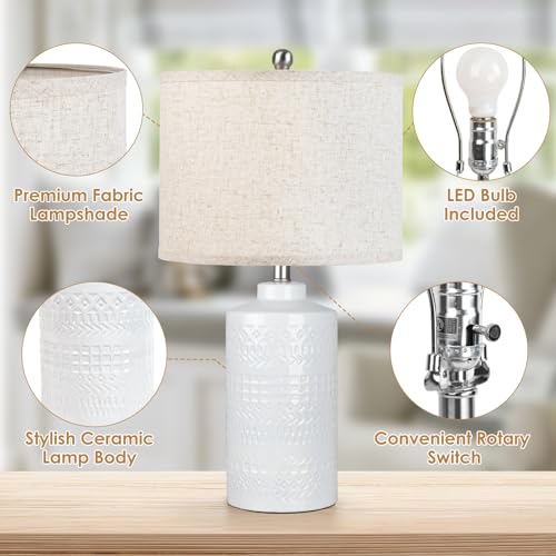 JUNNAI White Ceramic Table Lamp with Beige Shade: 3-Way Dimmable Night Stand Light Lamp 24.5" Modern Table Lamps for Living Room Bedroom End Table Office Entryway Lamps (Bulb Included - color: Beige Lampshade