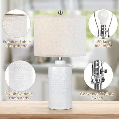 JUNNAI White Ceramic Table Lamp with Beige Shade: 3-Way Dimmable Night Stand Light Lamp 24.5" Modern Table Lamps for Living Room Bedroom End Table Office Entryway Lamps (Bulb Included - color: Beige Lampshade