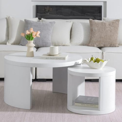 Round Nesting Coffee Table Set of 2, 31.5 & 18 in, White | White nesting coffee table, round coffee tables for living room, rounded edges, space-saving design - color: White