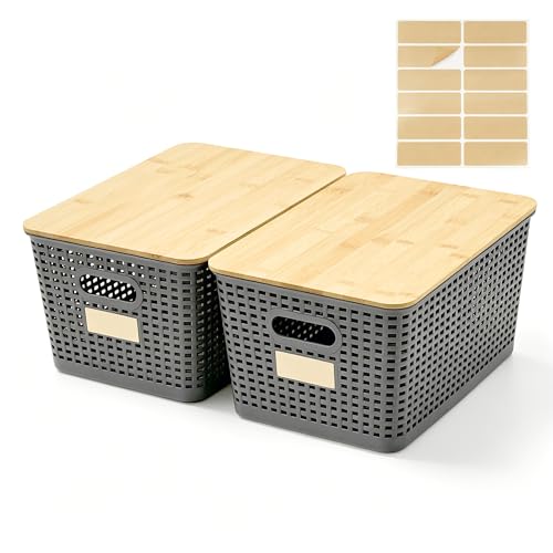 2 Pack Tall Plastic Storage Bins with Bamboo Lids, 10.8qt Stackable Storages Baskets for Organizing Desktop Closet Playroom Classroom Office, 12"L x 8.3"W x 6.1"H, Gray - color: Gray, size: Tall- 2 Pack
